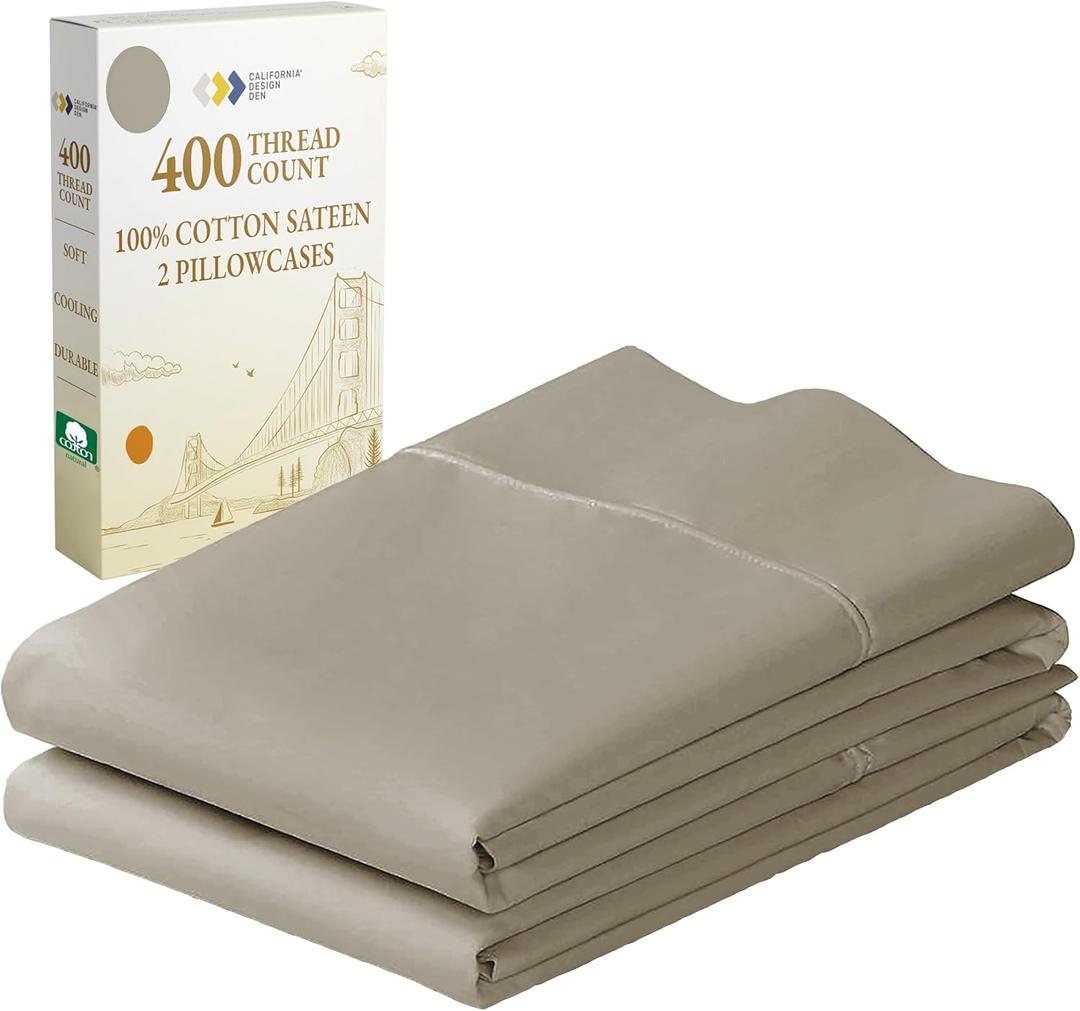 California Design Den Standard Queen Size Pillowcase Set - 400 Thread Count, 100% Cotton Sateen, Set of 2 Pillow Covers, Breathable, Cooling, Soft for Quality Sleep - Taupe