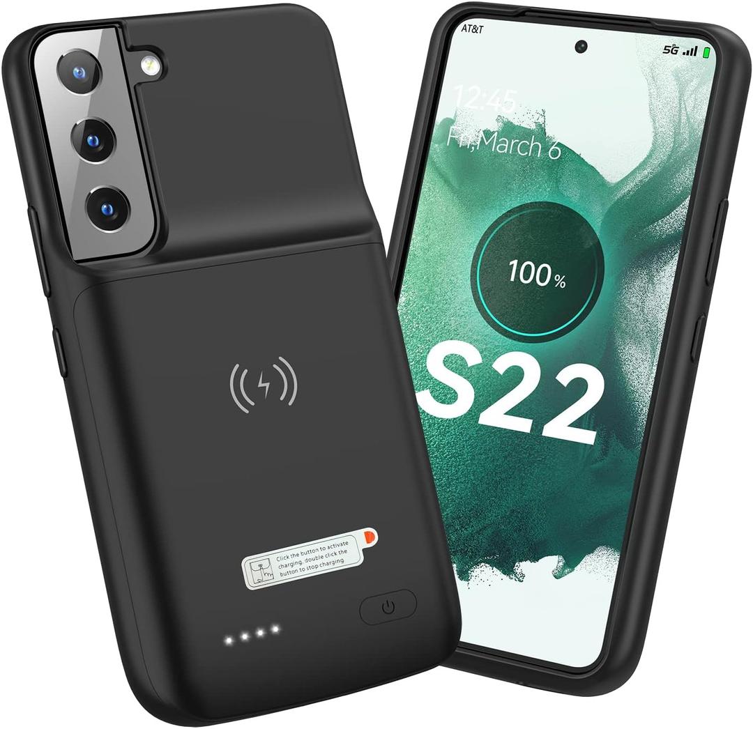 NEWDERY Galaxy S22 Battery Case 4700mAh, Qi Wireless Charging & Fast Charging & Transfer Data Supported, Extended Rechargeable Charger Case for Samsung S22 5G-6.1 inch (2022 Release) Black