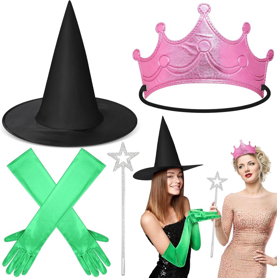 Witch Hat Princess Crown Costume Accessories Set Wizard Hats Green Gloves Princess Crowns Glitter Star Wands