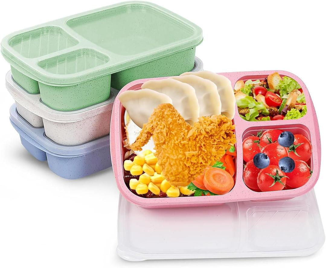 4 Pack Bento Box for Adults, 3-Compartment Wheat Straw Food Storage Containers, Meal Prep Lunch Box Microwave and Dishwasher Safe, Suitable for Office and Outdoor