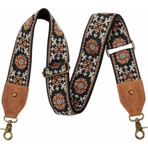 Nefelibata Purse Strap, 2" Crazy Horse Leather End Shoulder Strap Adjustable Replacement, Retro Jacquard Embroidery Multi-pattern Crossbody Bag Straps for Handbag, Crossbody Bags (Brown flower)