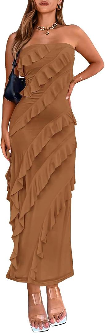 BTFBM Maxi Dresses for Women Solid Bodycon Summer Wedding Guest Dress | Lightweight Mesh,Ruffle,Tube Dresses,Sleeveless,Graduation,Cocktail,Prom,Party,Birthday,Baby Shower,Vacation Outfits (M)