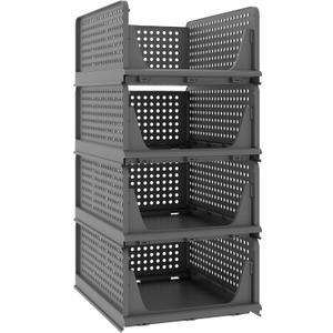 Pinkpum 4 Pack Folding Closet Organizers Storage Box, Stackable Plastic Drawer Basket for Clothing, Stackable Storage Bins Shelf Storage Container for Closet Wardrobe Bedroom Bathroom Office (Black) (4 Pack L)