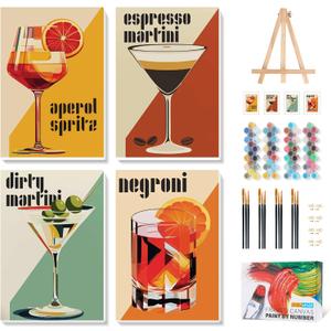 4 Pack Framed Paint by Numbers Kit for Adults with Wooden Easel, Cocktail Paint by Numbers with Frame for Beginner, Retro Cocktail Adult Paints by Number Kits on Canvas Framed for Wall Decor 8 x 12 In