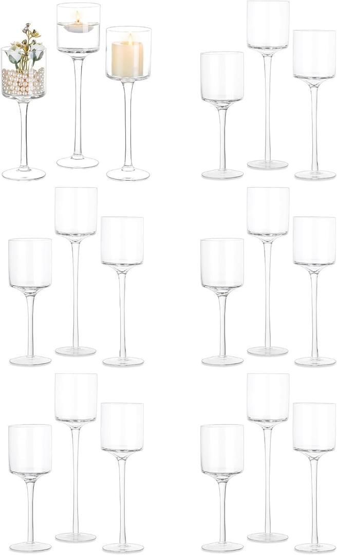 Glass Candle Holder for Table Centerpiece - Inweder Tall Tea Lights Candle Holder, Elegant Clear Long Stem Candle Holders for Pillar Candles, Floating Candle Holder for Party, Home Decor, Set of 18