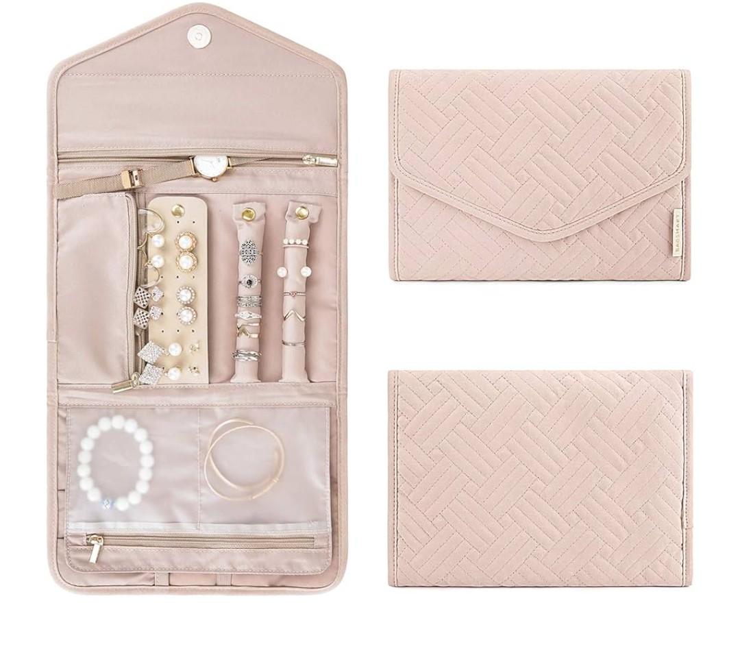 BAGSMART Travel Jewelry Organizer Roll Foldable Jewelry Case for Journey-Rings, Necklaces, Bracelets, Earrings, Soft Pink