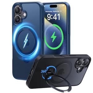 CASEKOO Patented 360° Spin Magnetic Stand for iPhone 16 Case [Military Drop Protection] [Non-Slip Edge] [Compatible with MagSafe] Shockproof Matte Translucent Slim for iPhone 16 Case 6.1'', Blue