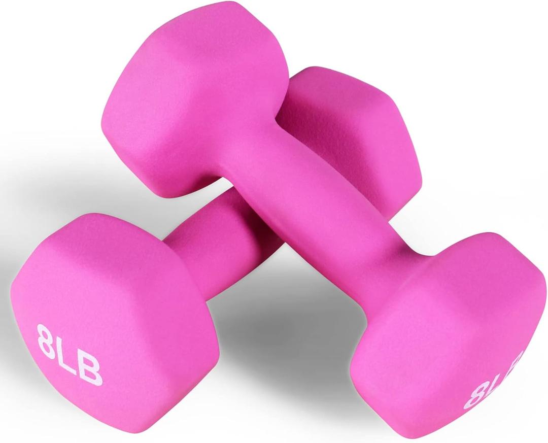 Fitvids Neoprene Dumbbell Hand Weights, Anti-Slip, Anti-roll, Hex Shape Colorful, Pair or Set with Stand. 8LB