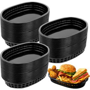 100 Pack Fast Food Baskets, 10.5 x 7 Inch Black Restaurant Tray Plastic Food Serving Baskets Bulk for Deli Serving, Chicken, Burgers, Picnics, Parties (100)