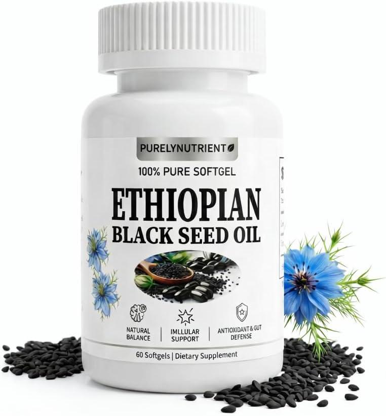 Ethiopian Black Seed Oil, Ethiopian Black Seed Oil Softgels |4.64% Thymoquinone | Non-GMO, Gluten-Free, 1 Box 60 Capsules (EXP 03/18/28)