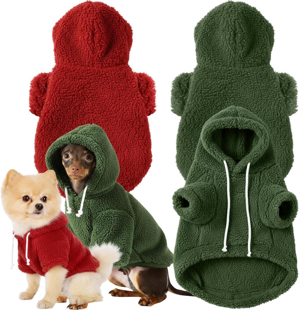Reginary 2 Pcs Fuzzy Small Dog Hoodie Winter Dog Sweaters Double-Sided Plush Warm Soft Hooded Puppy Pet Sweatshirt Clothes Coats(L: Weight:8.5-13.2lb,Green and Red)