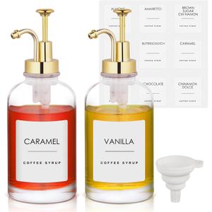 Gold Upgraded 2 Pack 16.9 Oz Coffee Syrup Dispenser - Clear Glass Bottles w. Pump and 36 Labels, Coffee Bar Accessories for Cinnamon, Vanilla, Caramel