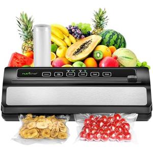 NutriChef Food Vacuum Sealer Machine, Stainless Steel & ABS Body, Automatic Sealing System for Dry and Moist Foods, LED Touch Controls, Includes Bags, Hose & Roll Cutter, 110W Suction Power, 14"x6"