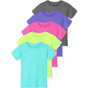 Poroka 5 Pack Girls Athletic Shirts Short Sleeve Dry Fit T-Shirts Crew Neck Active Activewear Sports Tees Tops for Kids, 8-10Y