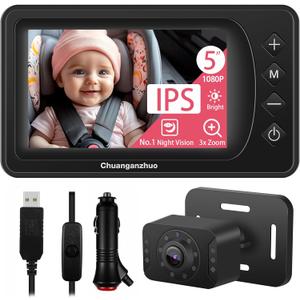 Baby Car Camera with NO.1 Night Vision, 3X Zoom, USB Powered, 5'' HD 1080P IPS Crystal-Clear Car Baby Monitor, Backseat/Carseat Camera for Kids Infants Rear Facing, S100U, 5inch Black