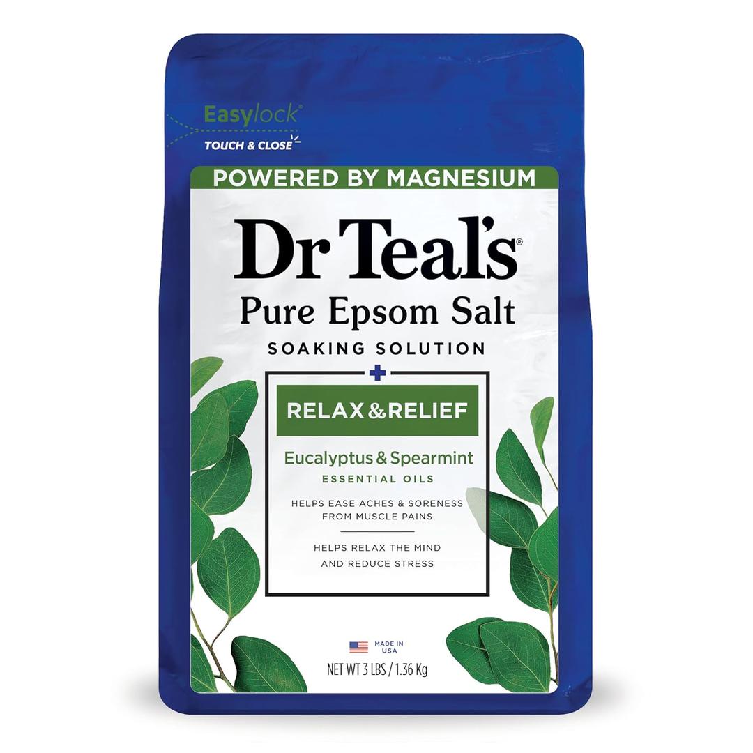 Dr Teal's Salt Soak with Pure Epsom Salt, Relax & Relief with Eucalyptus & Spearmint, 3 lbs (48 Ounce (Pack of 1))