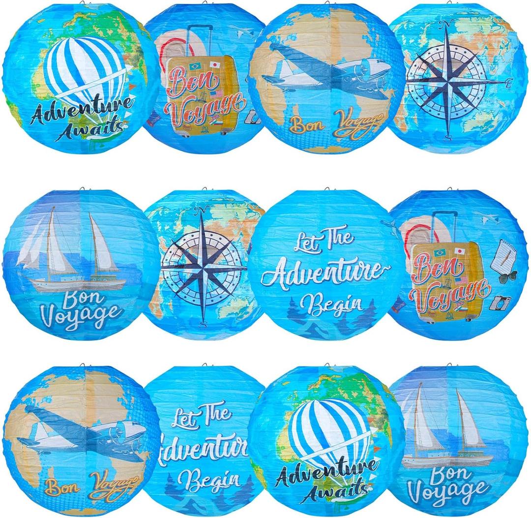 Panelee 12 Pcs Travel Around The World Party Decorations Bon Voyage Paper Hanging Lanterns 8 Inch Adventure Travel Round Paper Lanterns for Office Classroom Party Decorations Supplies Indoor Outdoor