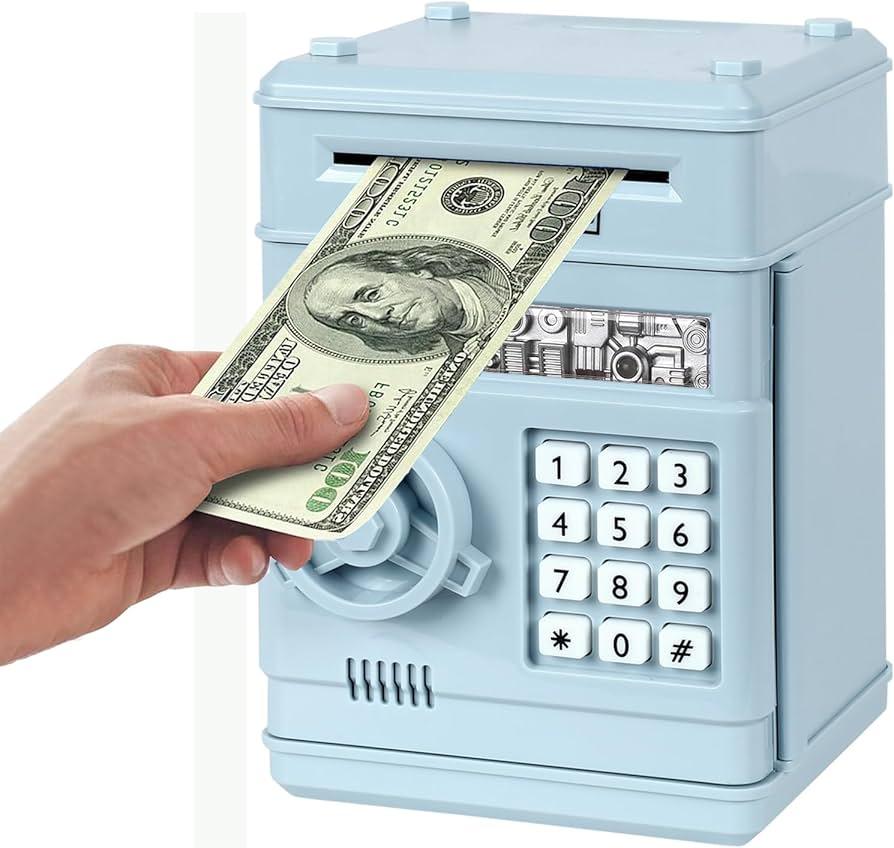 Electronic Piggy Bank, Mini ATM Password Money Bank Cash Coins Saving Box for Kids, Cartoon Safe Bank Box Perfect Toy Gifts for Boys Girls (Light Blue)