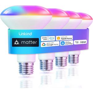 Linkind Matter Smart Light Bulb, BR30 Smart Bulbs, Recessed LED Color Changing Light Bulbs RGBTW, E26 Smart Flood Light Bulbs 650LM 60W Work with Alexa, Apple Home, Google Home, SmartThings, 4Pack