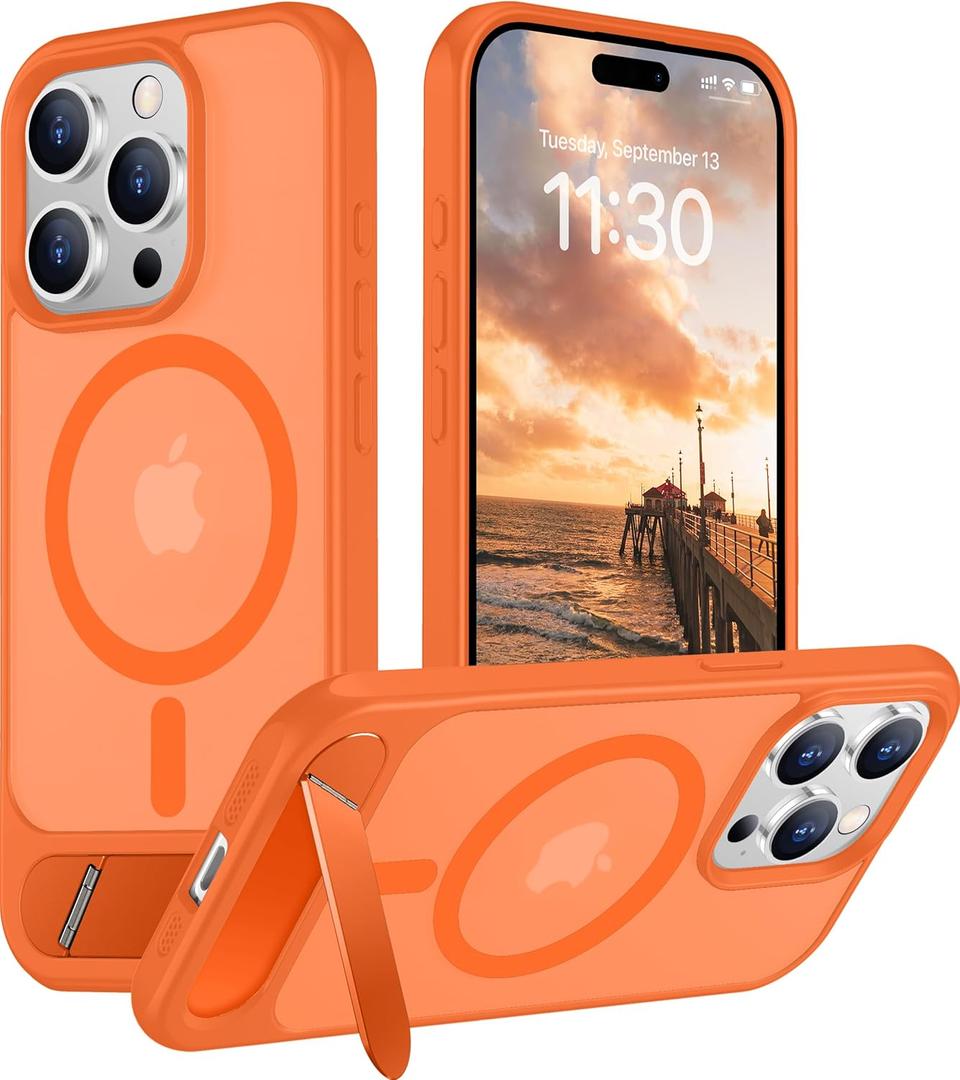 Temdan Magnetic Compatible with iPhone 15 Pro Case, [Built-in Invisible Kickstand][Compatible with MagSafe][Military Grade Shockproof] Slim Translucent Matte Phone Case for iPhone 15 Pro 6.1" (Orange)