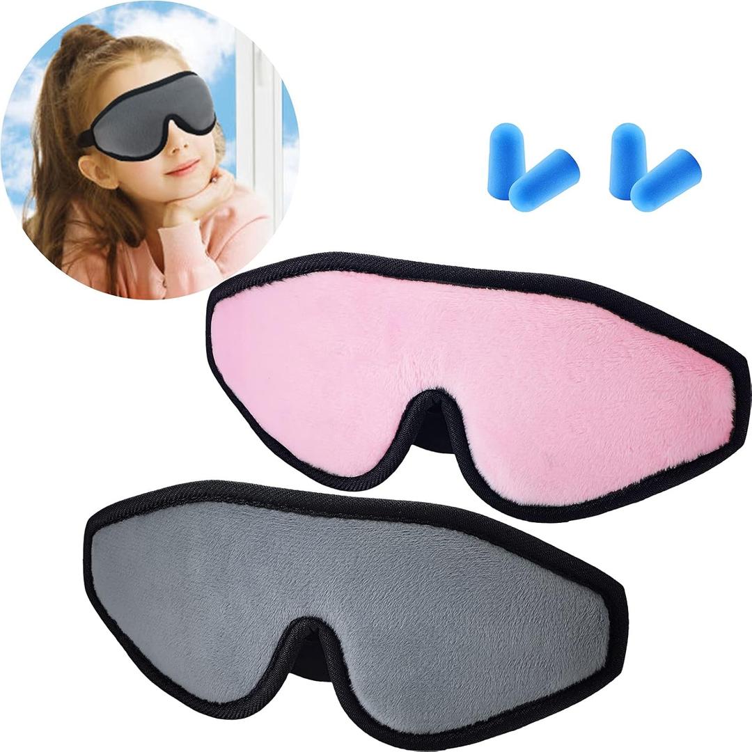 2 Pieces 3D Sleep Mask for Kids Memory Foam Contoured Eye Mask, Travel Sleep Eye Cover with Adjustable Strap, 3D Blindfolds(Pink and Grey)