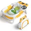 BUNWAG Baby Bathtub, Collapsible Newborn Bathtub for Infant to Toddler with Soft Cushion and Thermometer,Portable Travel Newborn Tub with No-Slip Feet, Baby Shower Gifts, 0-12 Months Baby Bath, Yellow
