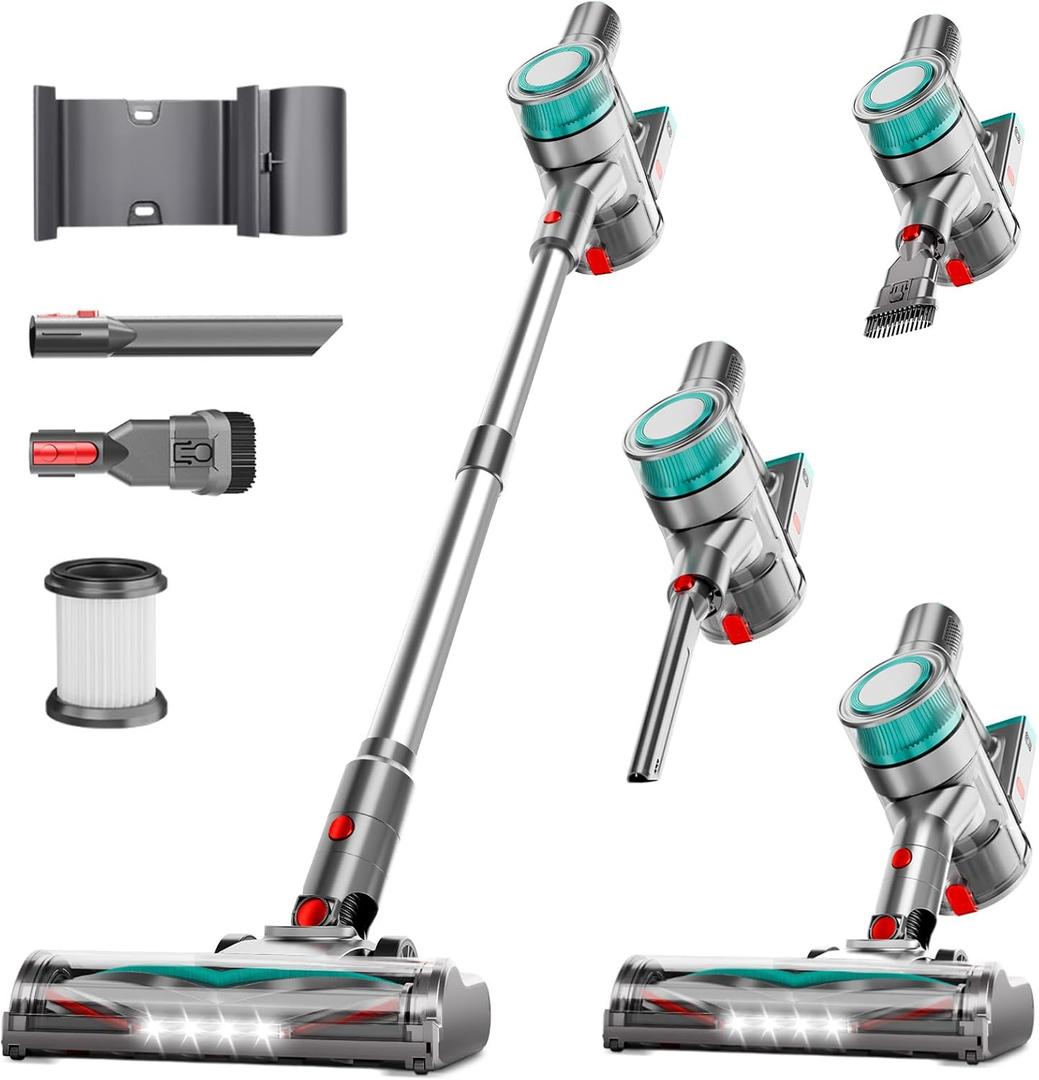 Cordless Vacuum Cleaner, Powerful Stick Vacuum Cleaner for Home with Rechargeable Battery, 6-in-1 Lightweight Handheld Vacuum, 45 Mins Runtime for Hardfloor & Carpets Pet Hair (Green)