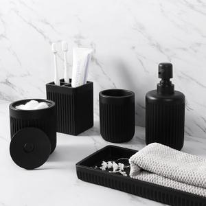 XLHOMO Resin Matte Black Bathroom Accessories Set 5 Pcs, Lotion Soap Dispenser, Toothbrush Holder, Bathroom Tumbler, Qtip Holder and Vanity Tray, Bathroom Countertop Organizer Set for Home Apartment