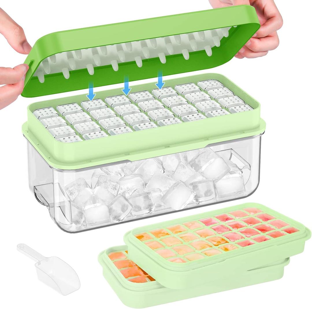 PHINOX Ice Cube Tray With Lid and Bin, Ice Trays for Freezer, Flexible Ice Cube Trays, Making 64 pcs Ice Cubes, Chilling Cocktail, Whiskey, Coffee, with 2 trays, Ice Container, Scoop&Cover, BPA Free (Green)
