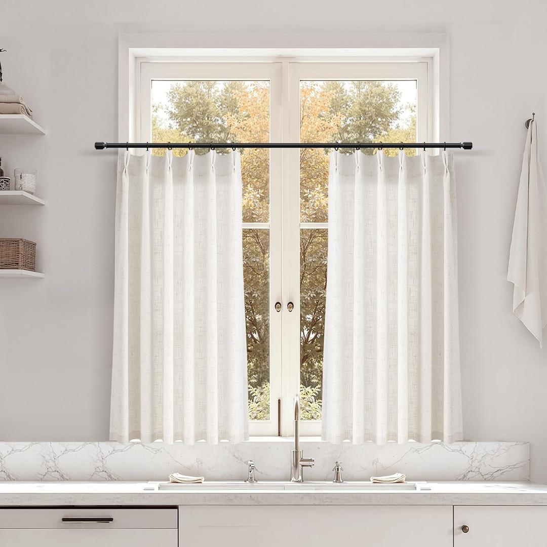 Joywell Short Tier Cafe Curtains 36 Inch - Linen Pinch Pleated Kitchen Drapes 2 Panels, Natural Cream Light Filtering Semi Sheer Small Window Curtain for RV Half Window Over Sink Basement 29x36