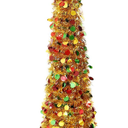 5ft Gold Pre Lit Collapsible Pop Up Christmas Tree, Glittery Golden Tinsel Artificial Pencil Xmas Trees with Red & Green Sequins and Colorful LED Lights for Indoor and Outdoor Decoration