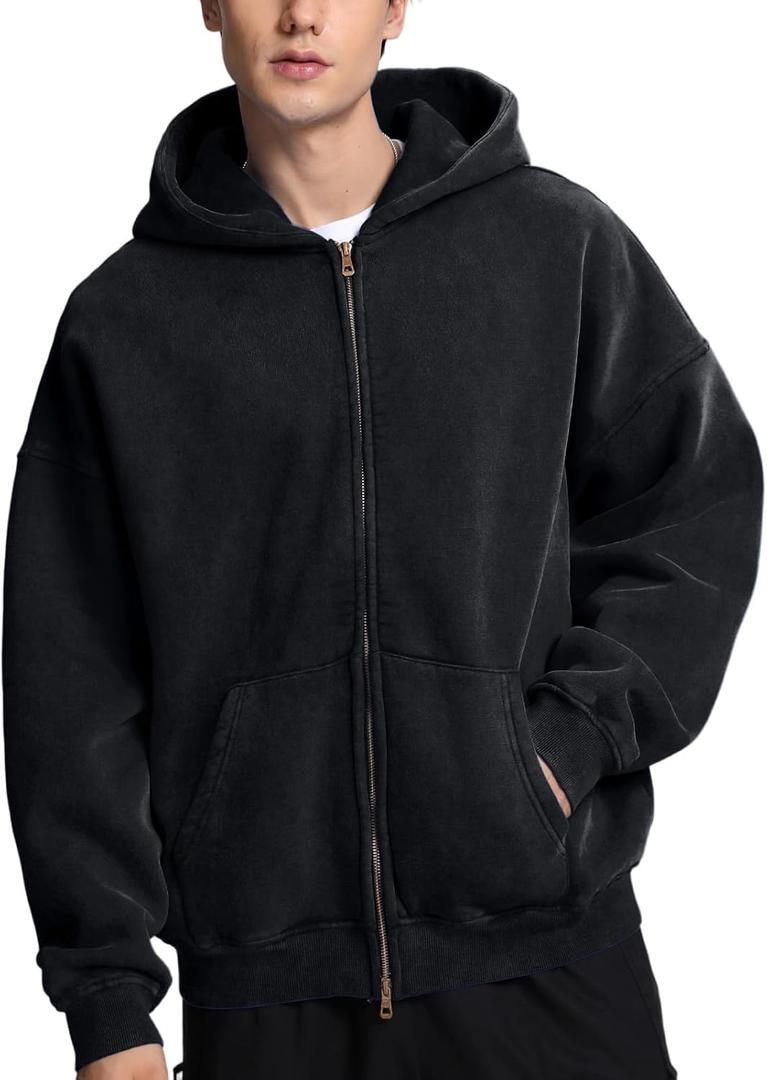 FAIABLE Mens Womens Double Zip Up Hoodie Oversized Acid Wash Hoodie Heavyweight Fleece Cotton Zipper Sweatshirt Vintage (Large, Black)