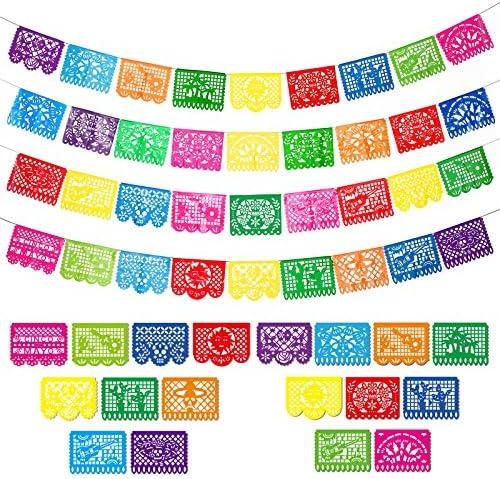 4 Packs Mexican Party Banner 60 Feet Fiesta Plastic Papel Picado Banner Cinco de Mayo Dia De Los Muertos Decor Day of the Dead Decorations Mexican Fiesta Themed Party Decorations Supplies