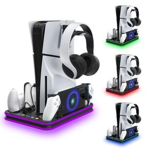 Cooling Station & RGB LED Stand for PS5/PS5 Slim - Dual Controller Charging Dock with Magnetic Charger for PlayStation 5 and PS Portal Remote  All-in-One Gaming Accessories for PS5 Slim Console (Black)
