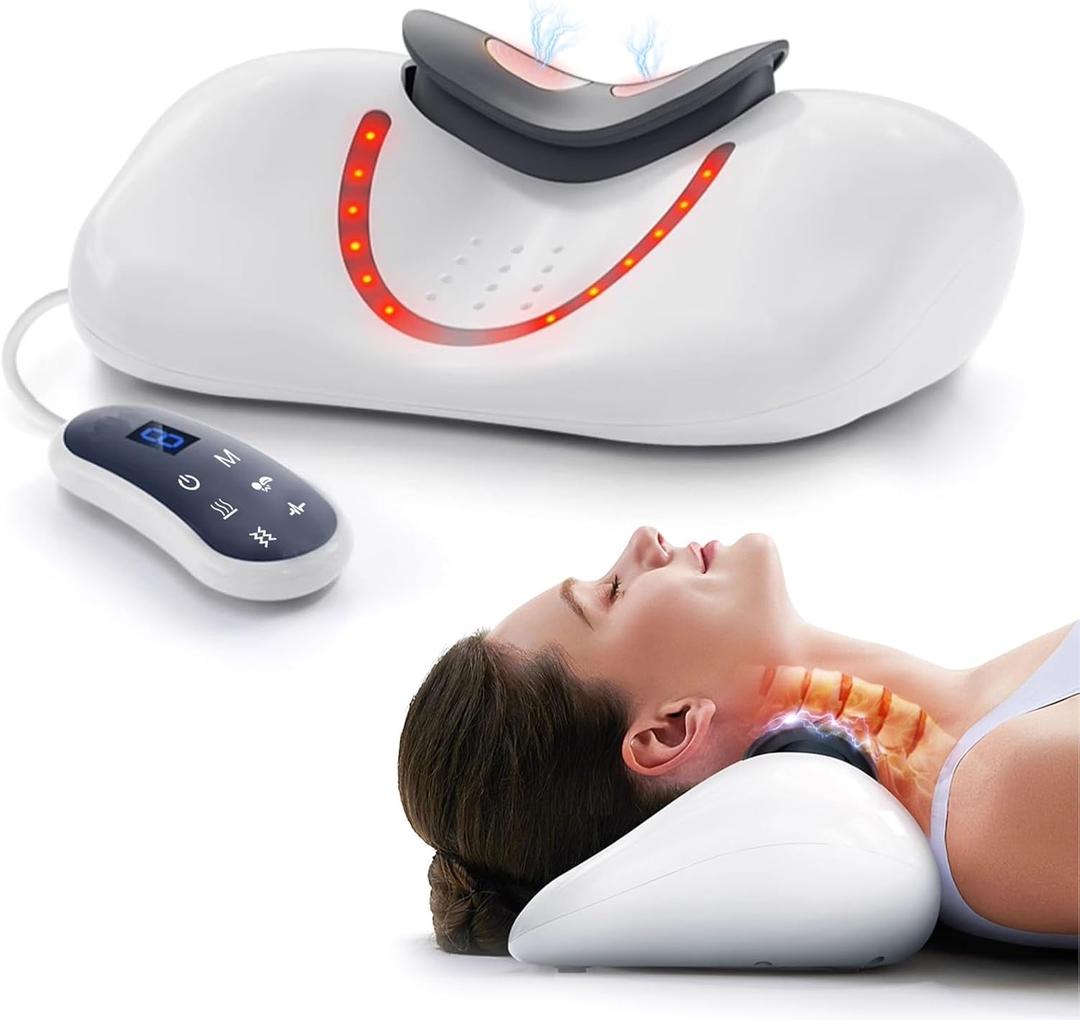Heated Neck Stretcher with Red Light Therapy, Wireless Cervical Traction Device, Neck Massager 2025 New Upgrade 4 in 1 Portable Massager, Cervical Traction Massager Pillow for Home/Office Used