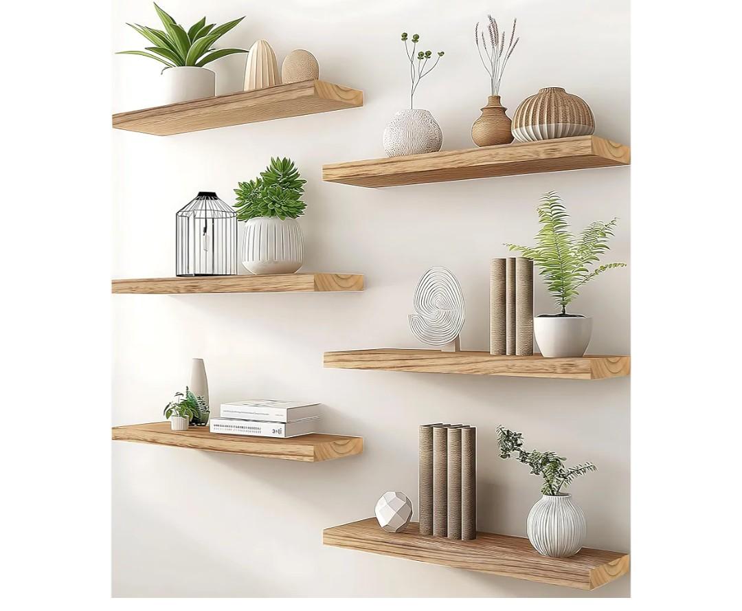 PHPH Wood Floating Shelves for Wall, Wooden Wall Shelves for Bedroom, Set of 6 Light Brown 17 Inch