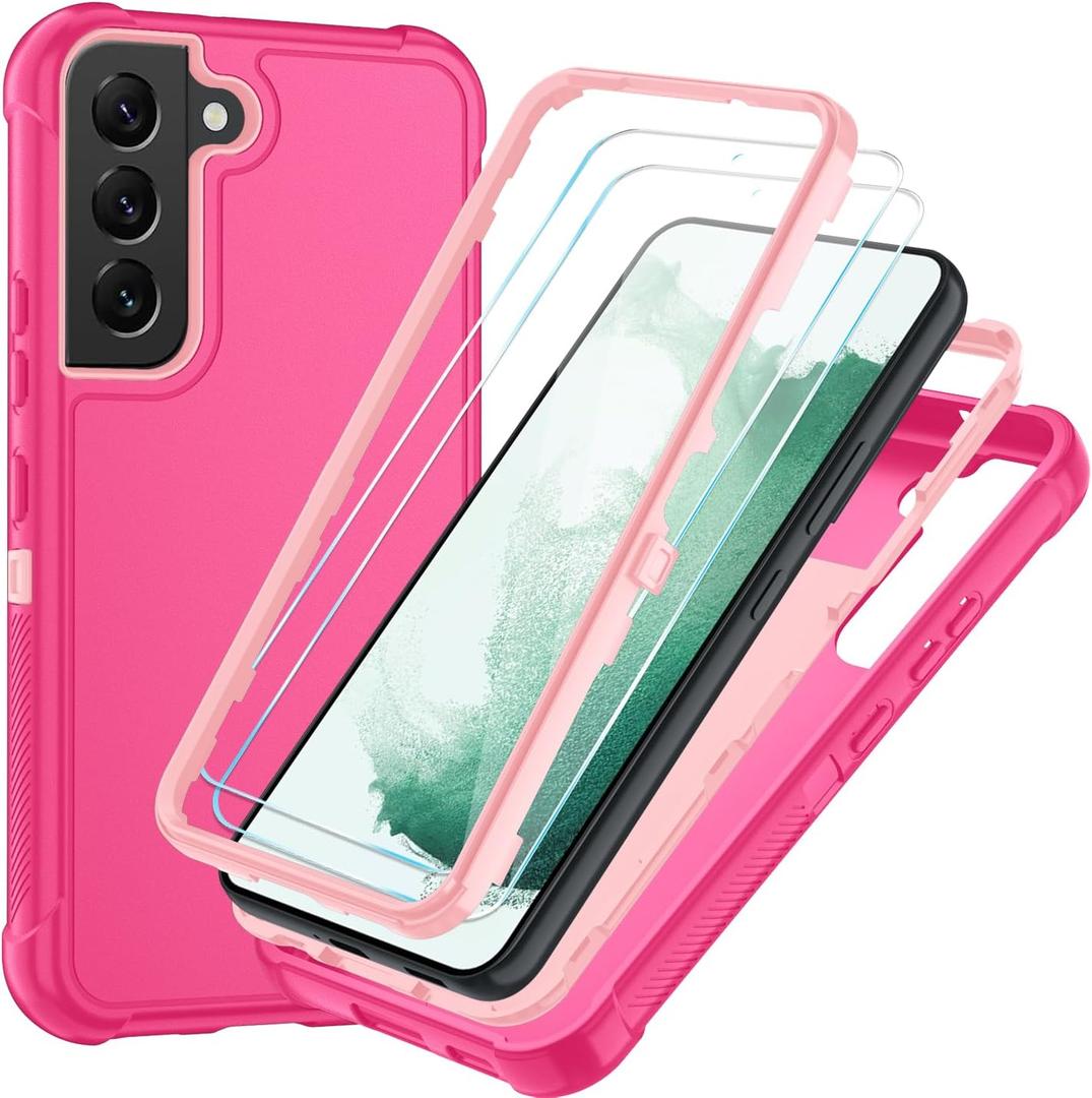 SunStory Compatible with Samsung Galaxy S22 Case with HD Screen Protector, 3-Layer Heavy Duty Full-Body Cover, 3 in 1 Hybrid Protective Case for Galaxy S22 6.1", PinkRed