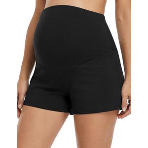 Women's Maternity Workout Shorts with Liner | Lightweight Breathable, Over Belly Fit, Built-in Brief Liner, Summer Maternity Running Athletic Shorts (Black, L)
