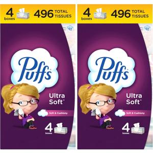 Puffs Ultra Soft Facial Tissues, 4 Family Size Boxes, Allergies and Colds, 124 Facial Tissues per Box (Pack of 8)