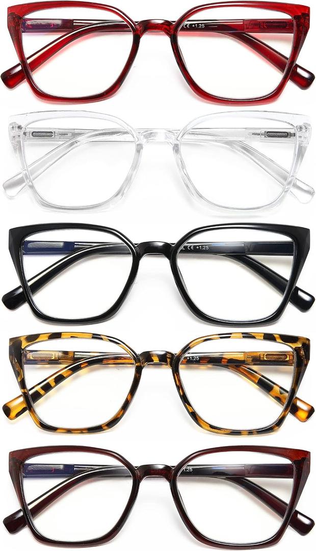EYEURL Cat Eye Reading Glasses for women - 5 Pack Blue Light Blocking Reading Glasses Ladies +0.00 Fashion Square Frames Magnification with Spring Hinge