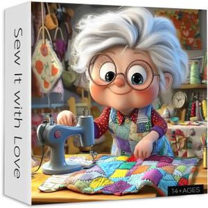Sewing Machines 1000 Piece Puzzle for Adults, PICKFORU Sew It with Love Jigsaw Puzzle, Challenging Colorful Grandma Quilt Patchwork Theme as Home Decor