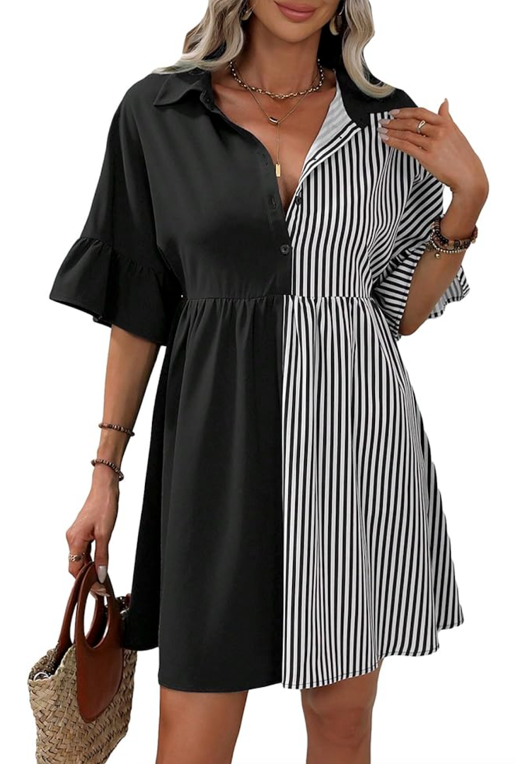 SOLY HUX Women's Striped Shirt Dress Ruffle Half Sleeve Button Front Smock Short Dresses, XL
