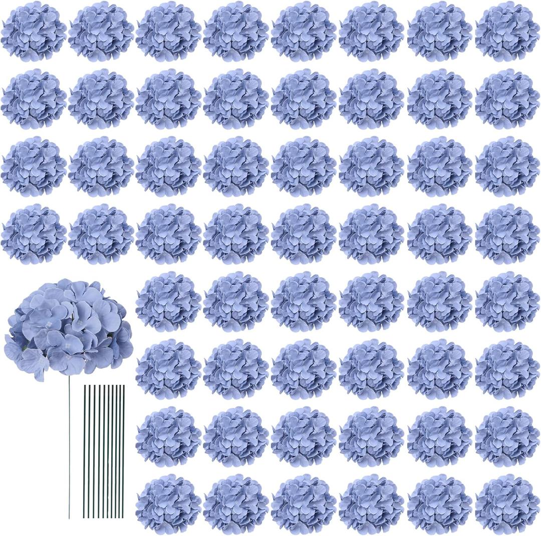 AVIVIHO 65pcs Fake Flowers Dusty Blue Hydrangea Artificial Flowers Bulk (Not Squished, No Steaming Need) Silk Flowers with Stems for Wedding Decor,Home,Baby Shower,Table Centerpieces Decoration (Medium)