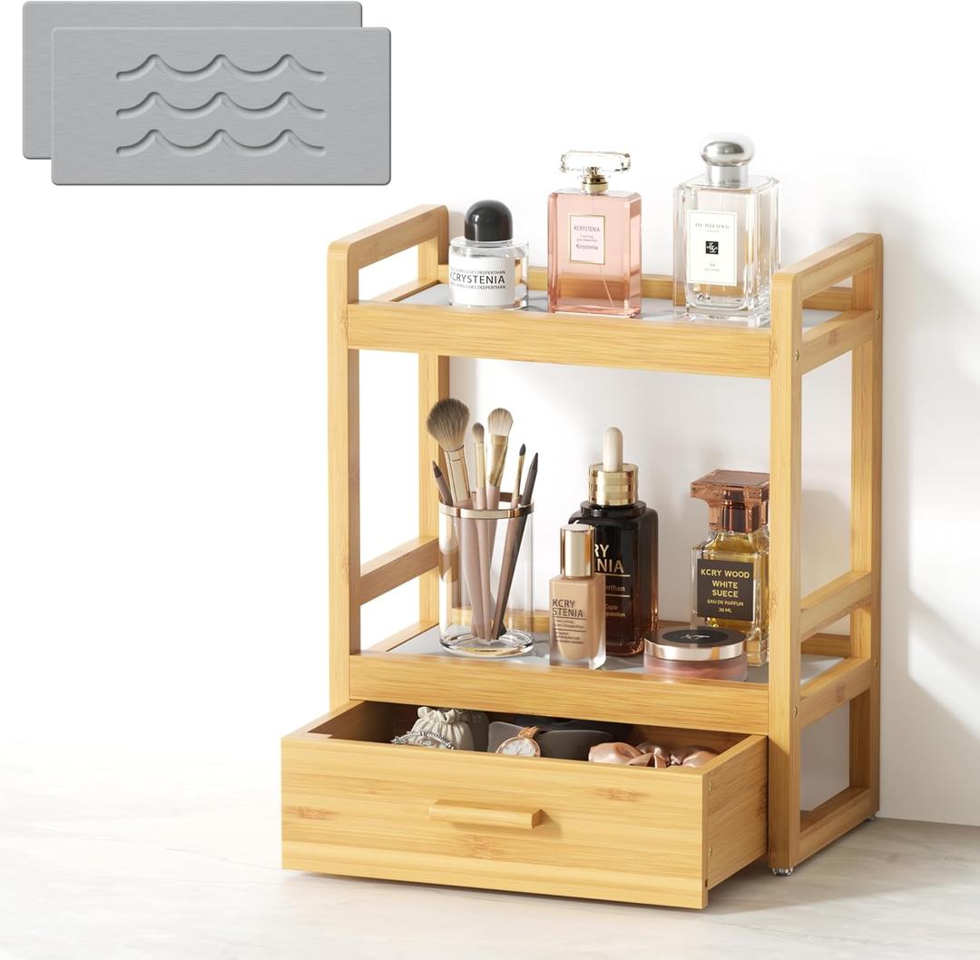 Bamboo Bathroom Countertop Organizer, 2 Tier Vanity Organizer with Drawer for Skincare & Makeup, Countertop Storage with Stone Drying Mat for Coffee Bar, Kitchen, Matcha Station, 13"L x 15.75H" x 7"W
