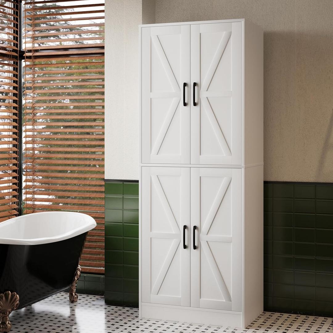Farmhouse Storage Cabinet - Pantry with 4 Doors, Tall Kitchen Pantry with Adjustable Shelves, Organizer, White Storage Cabinet for Kitchen Dining Room Bathroom