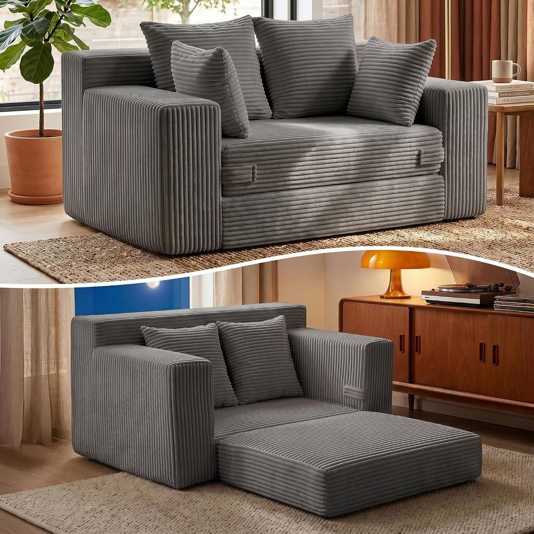 JUIKURY Boneless Mini Couch 53 Inch, 3-in-1 Gray Boneless Couches Covertible Sofa Bed with 4 Pillows, Small Couches for Living Room, Bedroom, Small Space