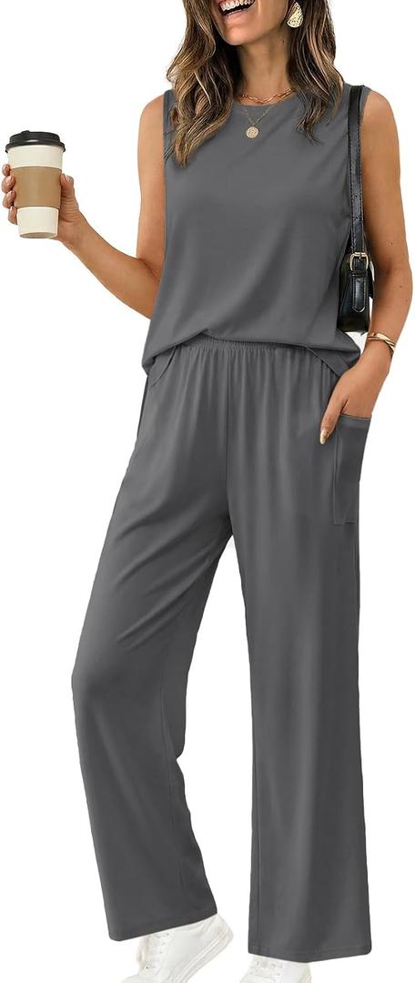Ekouaer Women's Two Piece Sets Summer Sleeveless Lounge Sets Matching Pants Airport Travel Outfits, Medium