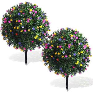 Yunlly Set of 2 Artificial Boxwood Topiary Ball Tree Fake Bushes Shrubs Outdoor Faux Plant with Ground Spike Flowers UV Resistance Greenery for Front Porch Garden Patio Indoor(Multicolor,27x18inch)