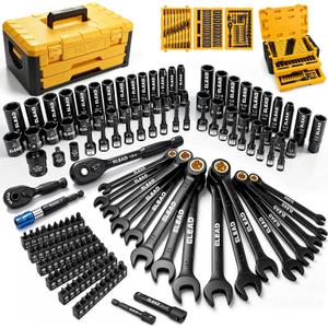 ELEAD 148-Piece Mechanics Tool Set, SAE/Metric 1/4'' Drive Impact Socket Set, Black, Magnetic Nut Drivers, Ratcheting Wrenches, Extensions & Adapters, Quick-Release Ratchet, Mechanics Tool for Car Repair
