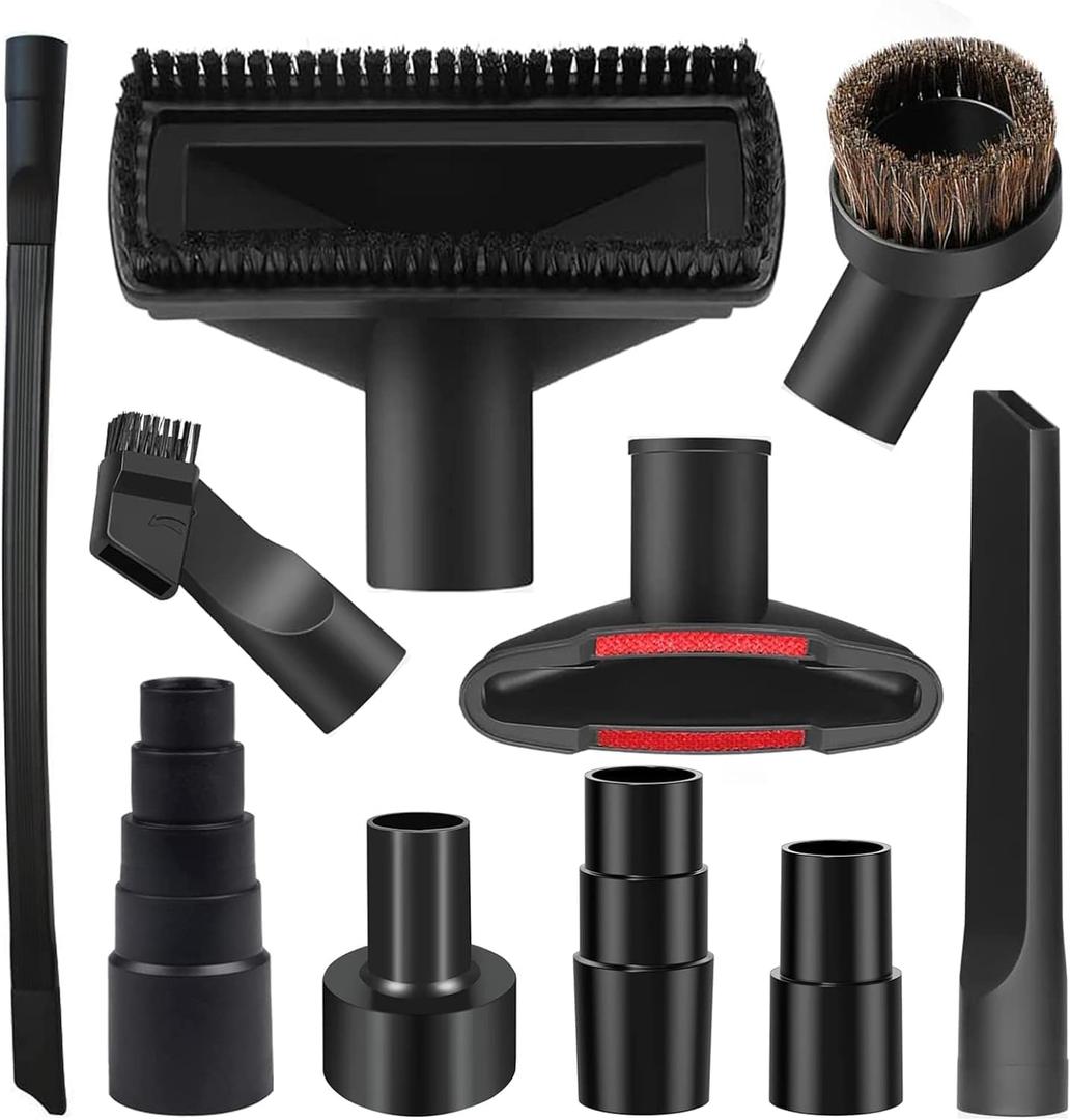 10PCS Universal Vacuum Attachments Kit Wet Dry Plastic Vacuum Hose Adapter 1-1/4" Vacuum Cleaners Accessories with Horse Hair Brush Flexible Crevice Tool Adapter for Shop Vac Accessories (Black)